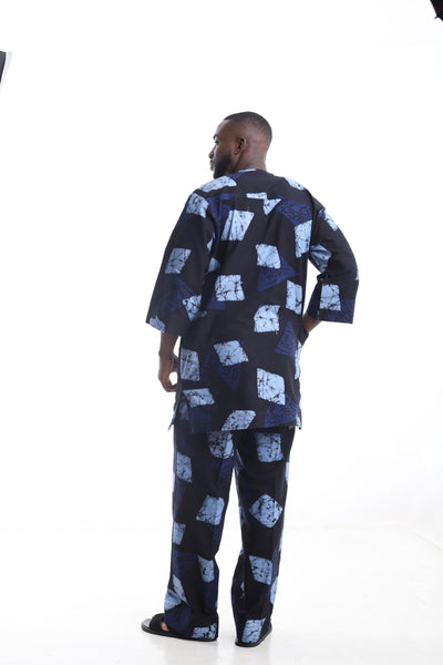 King Kaftan Geometric Print Cotton Adire Traditional Attire – Back View – African men's fashion Nigeria
