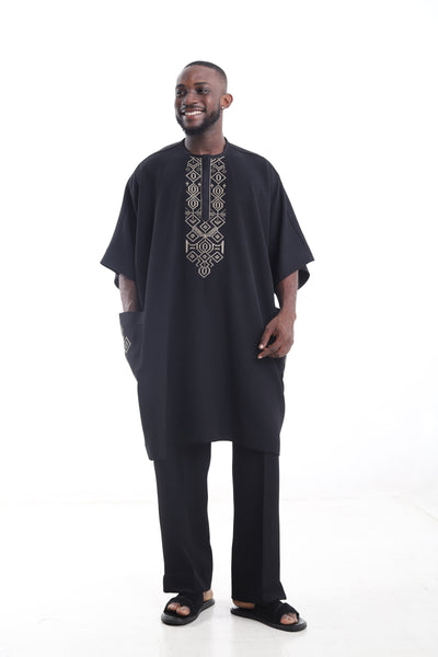 King Kaftan Embroidered Wool Blend Black Danshiki Traditional Wear – Front View – African men's fashion Nigeria   