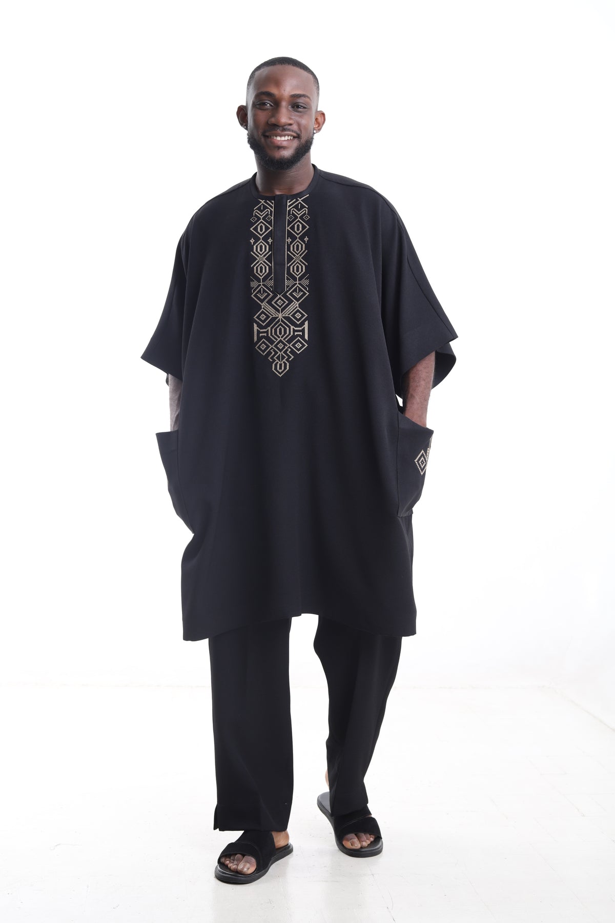 King Kaftan Embroidered Wool Blend Black Danshiki Traditional Wear – Detail View – African men's fashion Nigeria