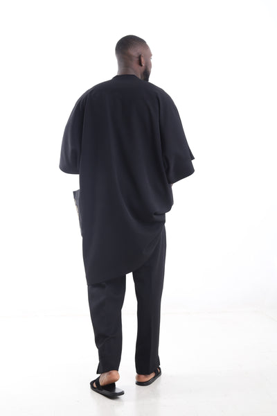 King Kaftan Embroidered Wool Blend Black Danshiki Traditional Wear – Back View – African men's fashion Nigeria