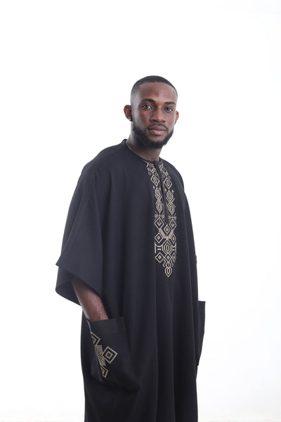 King Kaftan Embroidered Wool Blend Black Danshiki Traditional Wear – Side View – African men's fashion Nigeria