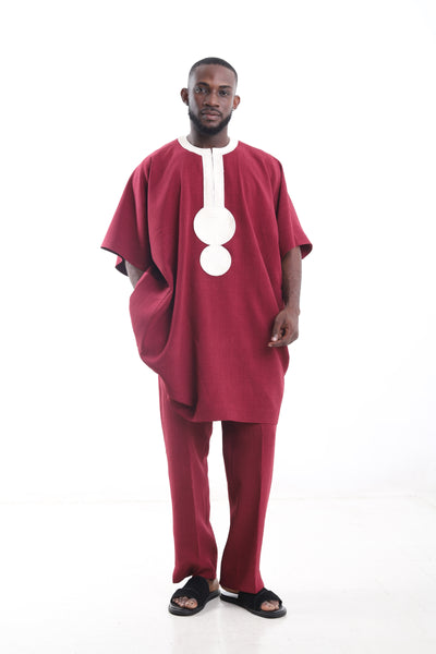 King Kaftan Circular Embroidered Linen Burgundy Danshiki Traditional Wear – Front View – African men's fashion Nigeria