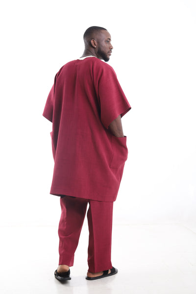 King Kaftan Circular Embroidered Linen Burgundy Danshiki Traditional Wear – Back View – African men's fashion Nigeria