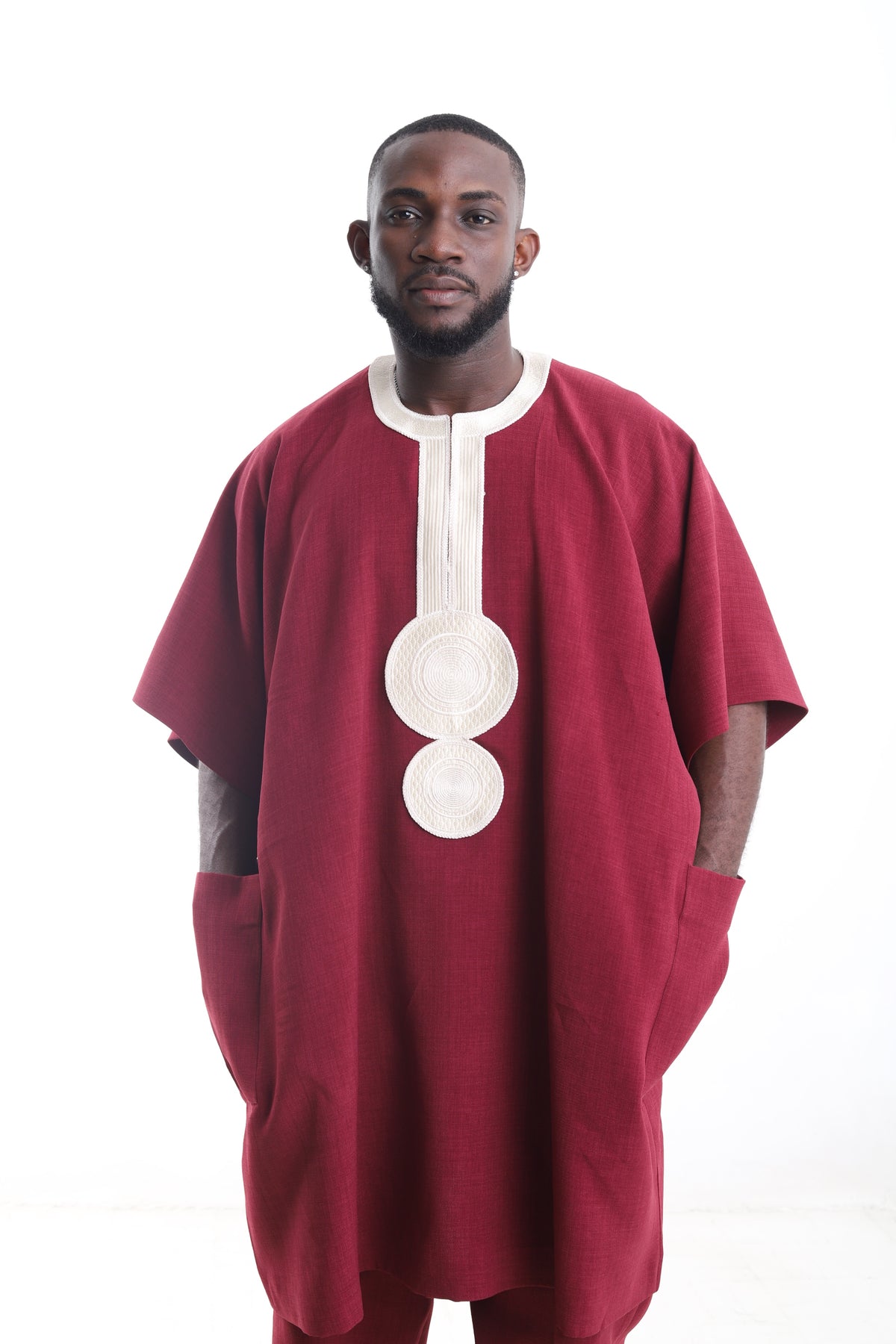 King Kaftan Circular Embroidered Linen Burgundy Danshiki Traditional Wear – Detail View – African men's fashion Nigeria