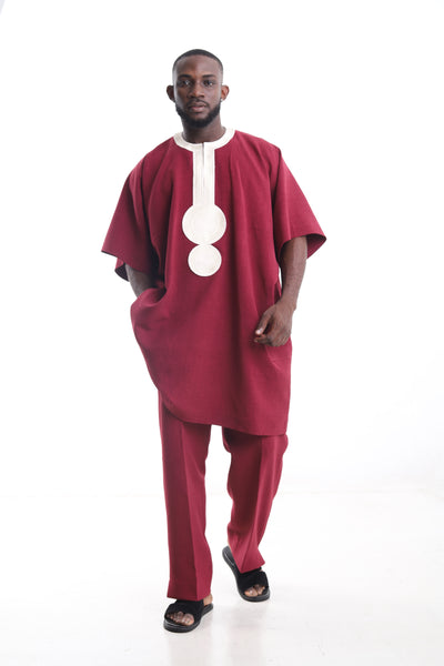 King Kaftan Circular Embroidered Linen Burgundy Danshiki Traditional Wear – Front View – African men's fashion Nigeria