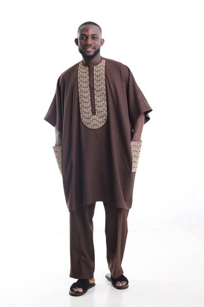 King Kaftan Patterned-Trim Wool Blend Chocolate Brown Danshiki Traditional Wear – Front View – African men's fashion Nigeria