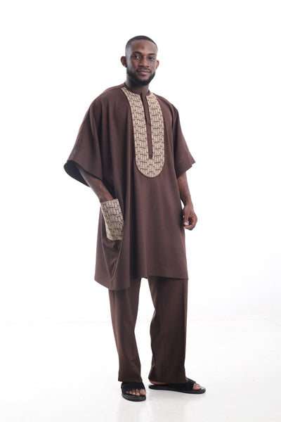 King Kaftan Patterned-Trim Wool Blend Chocolate Brown Danshiki Traditional Wear – Side View – African men's fashion Nigeria