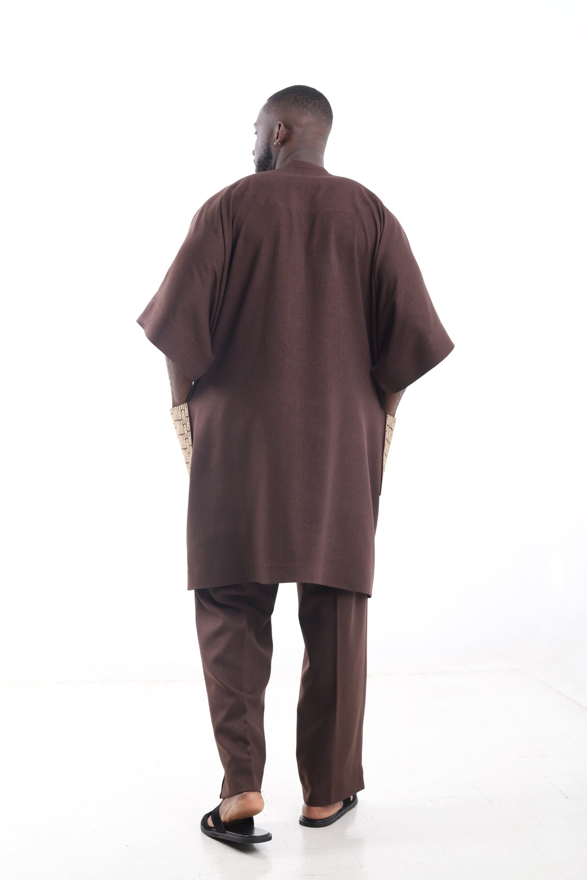 King Kaftan Patterned-Trim Wool Blend Chocolate Brown Danshiki Traditional Wear – Back View – African men's fashion Nigeria