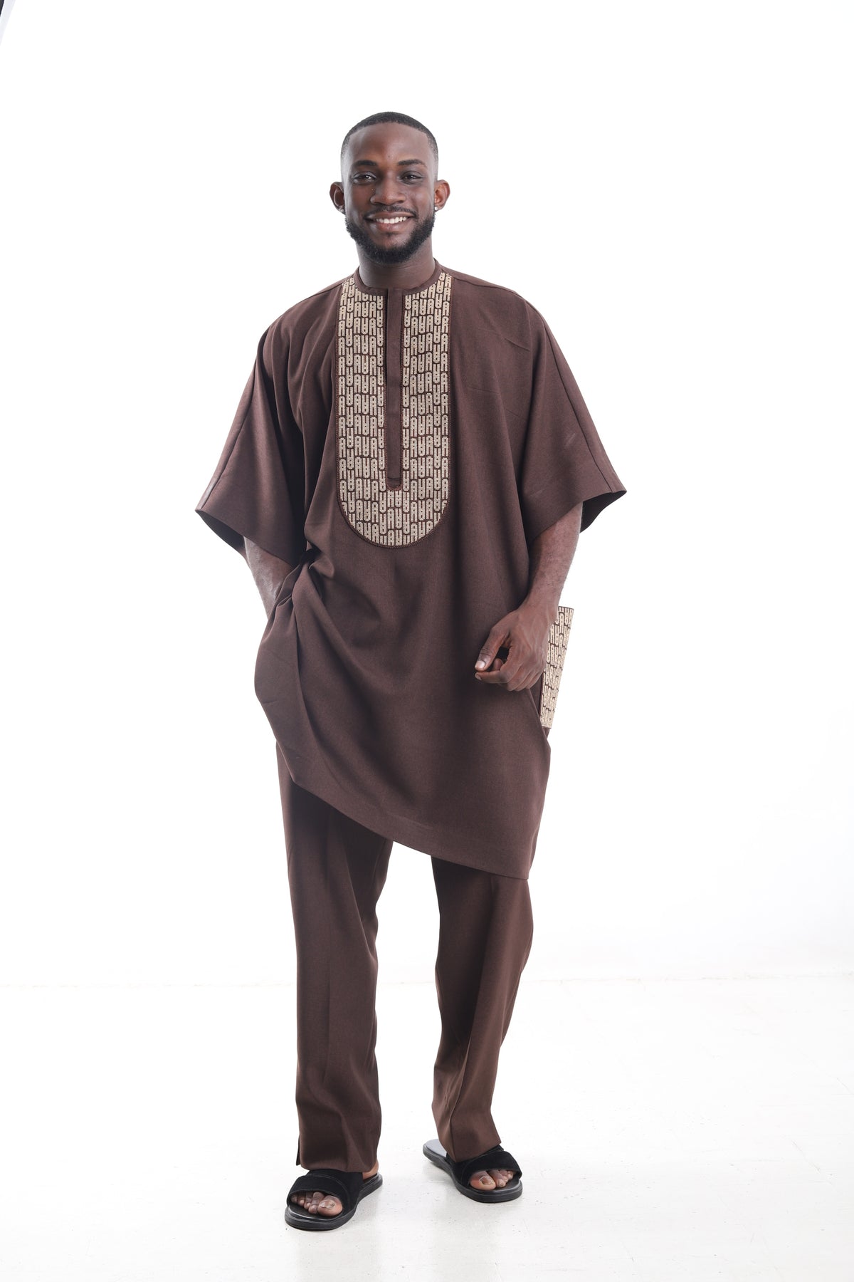 King Kaftan Patterned-Trim Wool Blend Chocolate Brown Danshiki Traditional Wear – Detail View – African men's fashion Nigeria