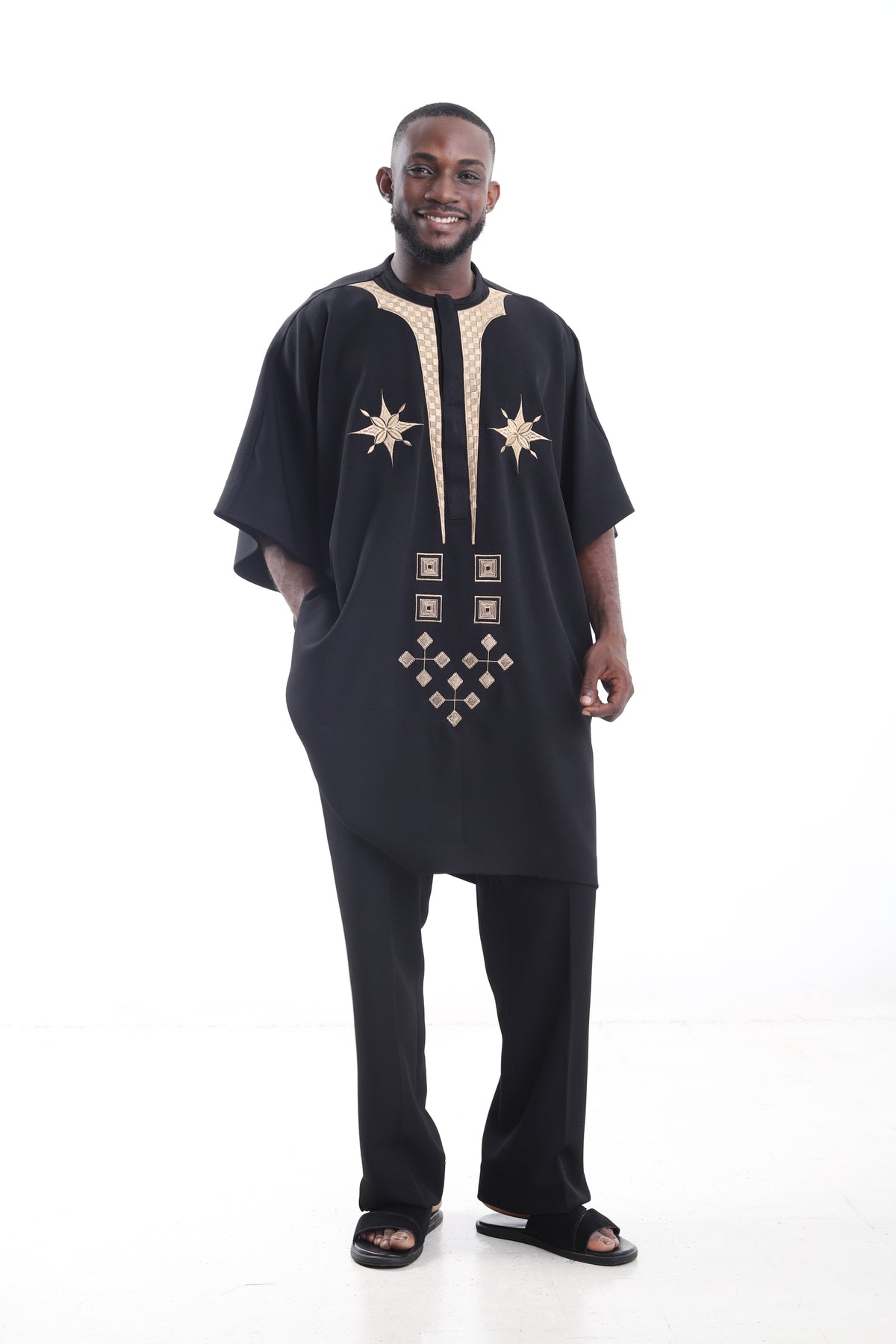 King Kaftan Star Embroidered Wool Blend Black Danshiki Traditional Wear – Front View – African men's fashion Nigeria