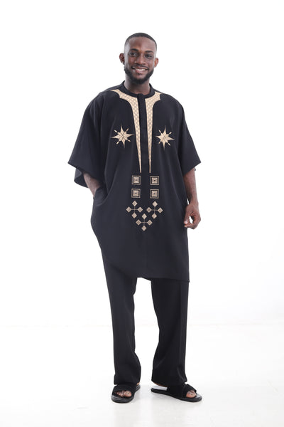 King Kaftan Star Embroidered Wool Blend Black Danshiki Traditional Wear – Front View – African men's fashion Nigeria