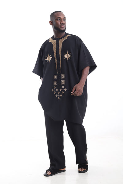 King Kaftan Star Embroidered Wool Blend Black Danshiki Traditional Wear – Side View – African men's fashion Nigeria