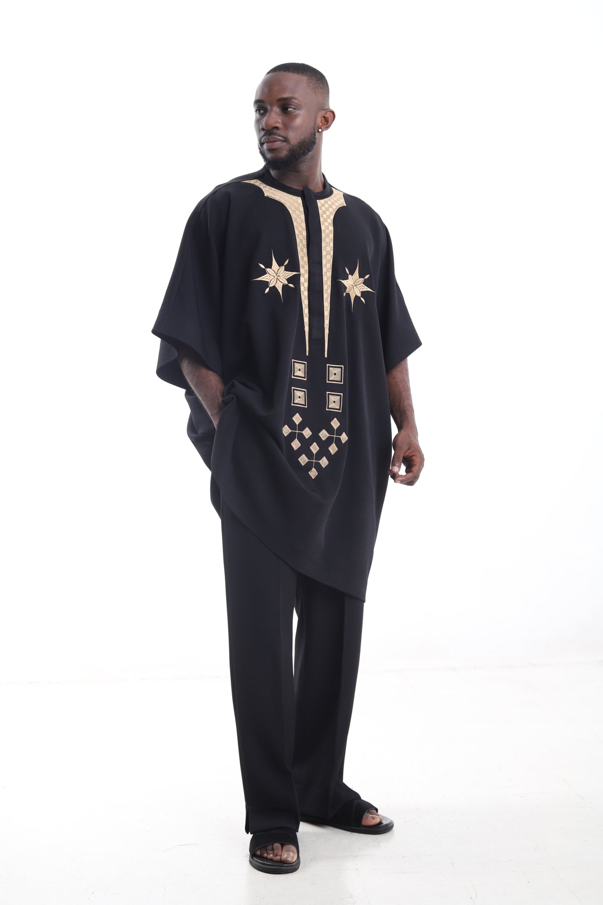 King Kaftan Star Embroidered Wool Blend Black Danshiki Traditional Wear – Detail View – African men's fashion Nigeria