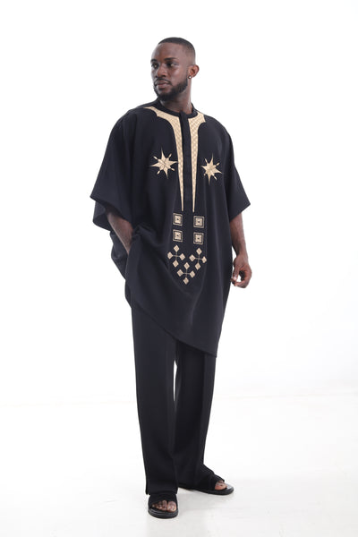 King Kaftan Star Embroidered Wool Blend Black Danshiki Traditional Wear – Detail View – African men's fashion Nigeria