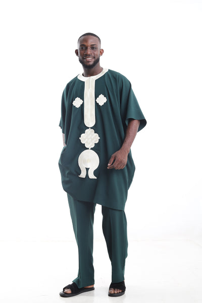 King Kaftan Geometric Embroidered Wool Blend Forest Green Danshiki Traditional Wear Set – Side View – African men's fashion Nigeria   