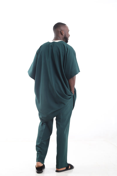 King Kaftan Geometric Embroidered Wool Blend Forest Green Danshiki Traditional Wear Set – Back Vie