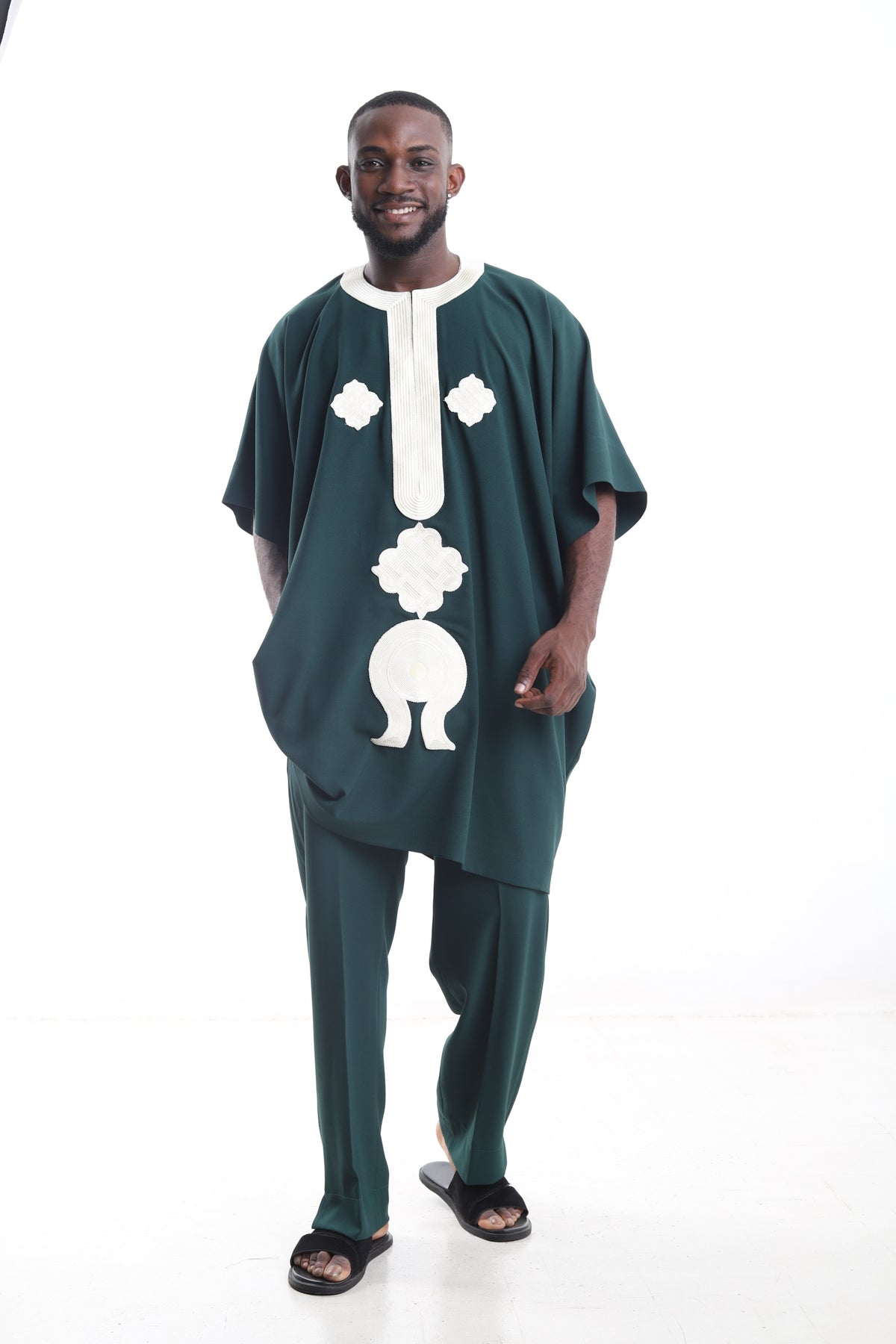 King Kaftan Geometric Embroidered Wool Blend Forest Green Danshiki Traditional Wear Set – Front View – African men's fashion Nigeria   