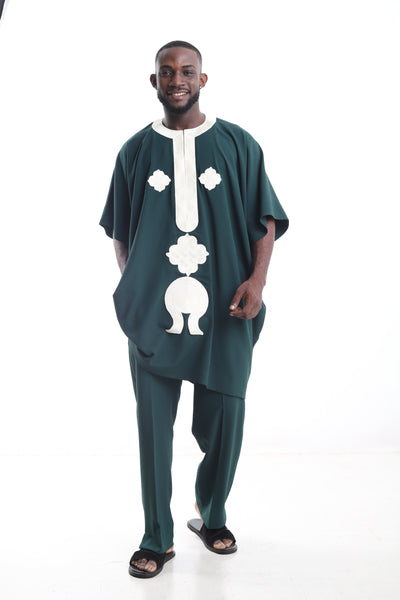 King Kaftan Geometric Embroidered Wool Blend Forest Green Danshiki Traditional Wear Set – Front View – African men's fashion Nigeria   