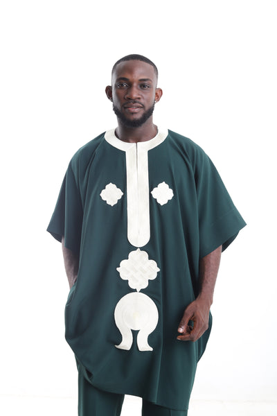 King Kaftan Geometric Embroidered Wool Blend Forest Green Danshiki Traditional Wear Set – Detail View – African men's fashion Nigeria   