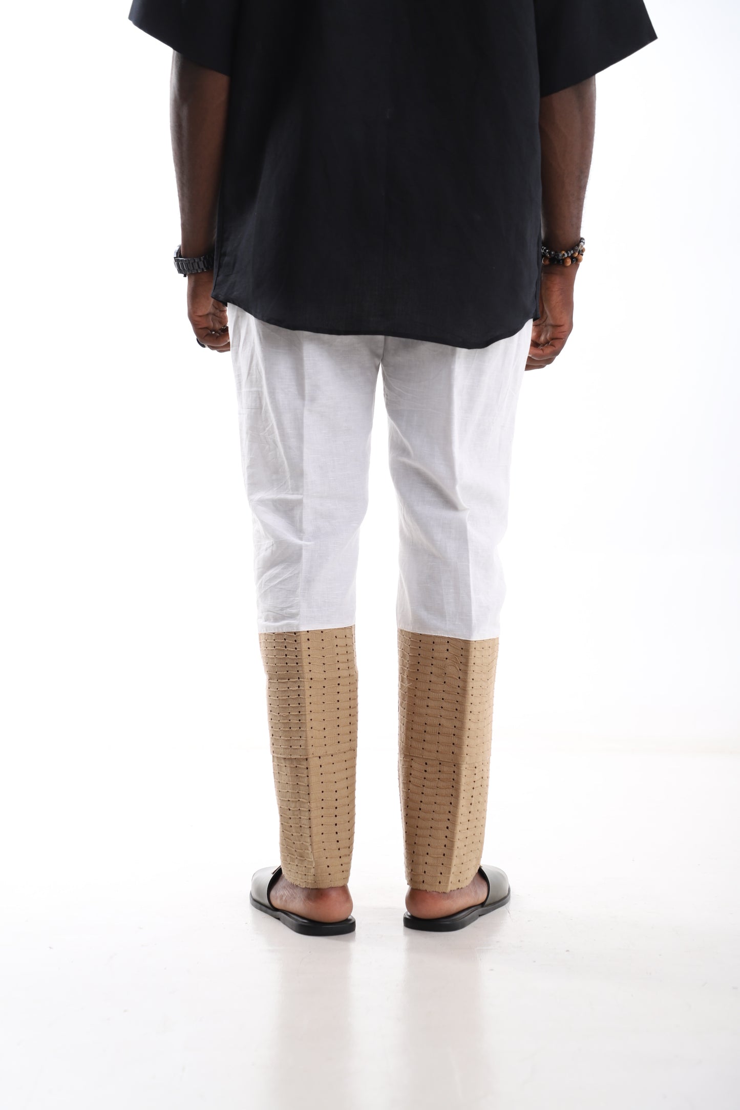 White Linen Trousers with Beige Accent Panels