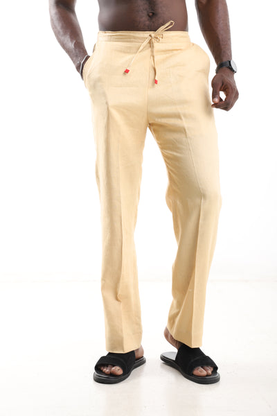King Kaftan Drawstring Premium Beige Linen Wide-Leg Pants – Front View – African men's fashion Nigeria