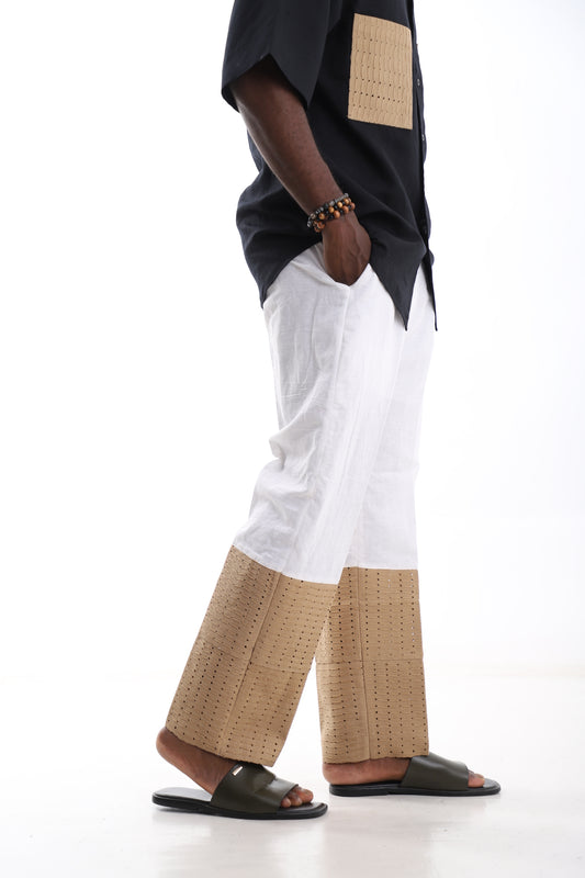 White Linen Trousers with Beige Accent Panels