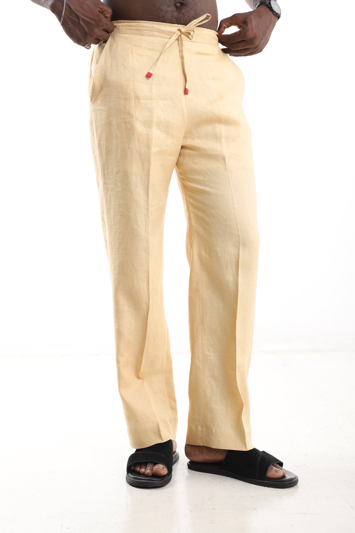 King Kaftan Drawstring Premium Beige Linen Wide-Leg Pants – Detail View – African men's fashion Nigeria