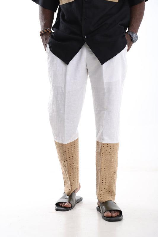 White Linen Trousers with Beige Accent Panels