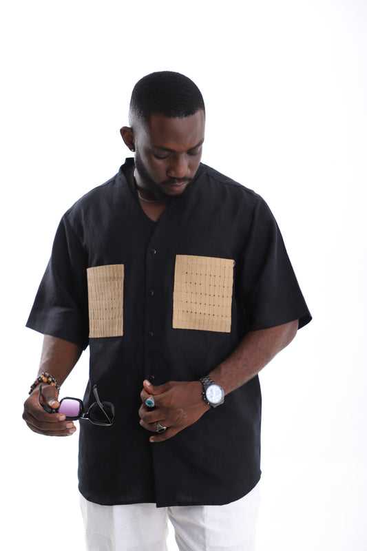 Black Linen Shirt with Dual Beige Pockets