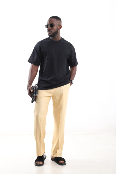 King Kaftan Drawstring Premium Beige Linen Wide-Leg Pants – Detail View – African men's fashion Nigeria