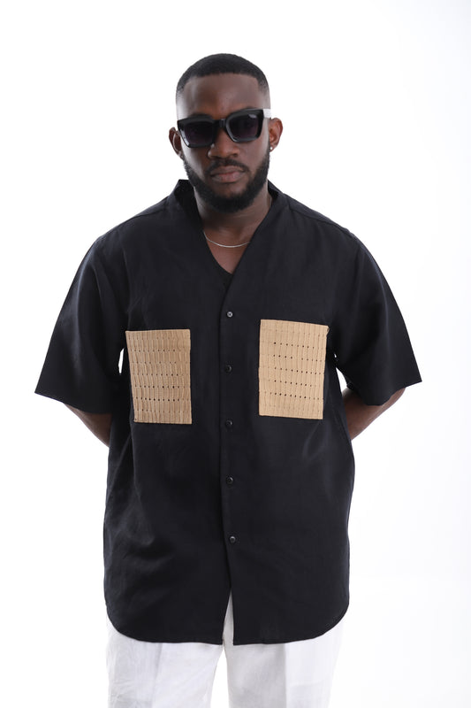 Black Linen Shirt with Dual Beige Pockets