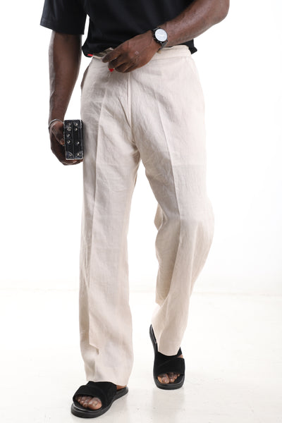 King Kaftan Drawstring Premium Off-White Linen Wide-Leg Pants – Front View – African men's fashion Nigeria