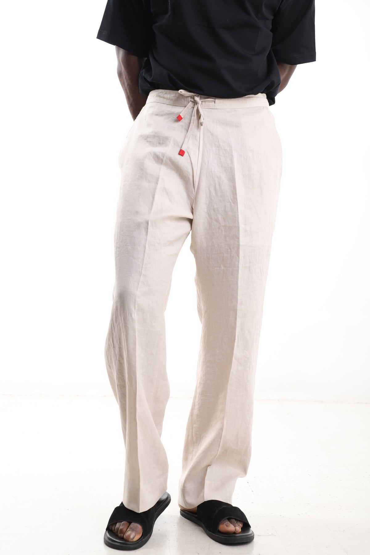 King Kaftan Drawstring Premium Off-White Linen Wide-Leg Pants – Detail View – African men's fashion Nigeria