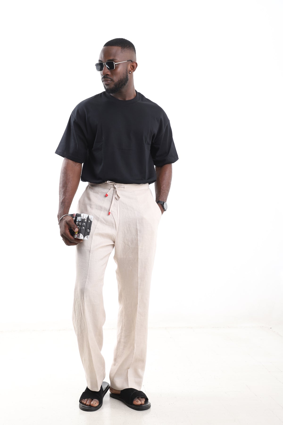 King Kaftan Drawstring Premium Off-White Linen Wide-Leg Pants – Front View – African men's fashion Nigeria