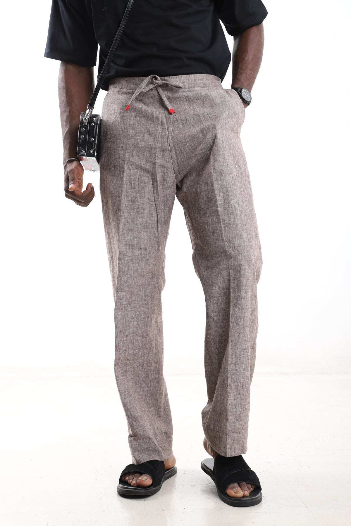 King Kaftan Drawstring Premium Melange Taupe Linen Wide-Leg Pants – Front View – African men's fashion Nigeria