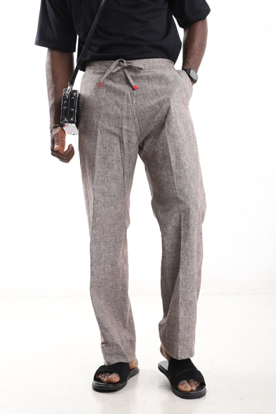 King Kaftan Drawstring Premium Melange Taupe Linen Wide-Leg Pants – Front View – African men's fashion Nigeria