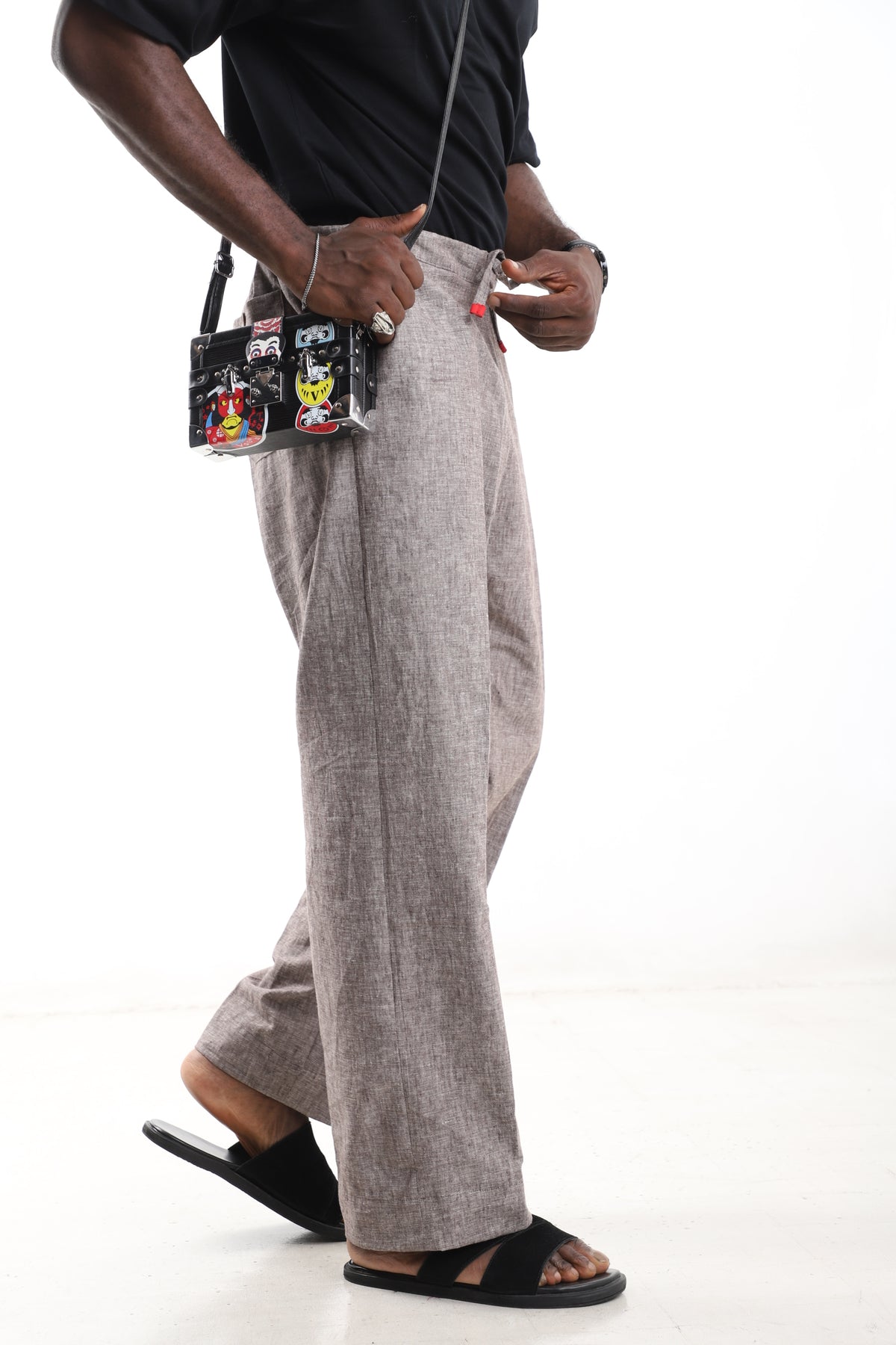 King Kaftan Drawstring Premium Melange Taupe Linen Wide-Leg Pants – Side View – African men's fashion Nigeria