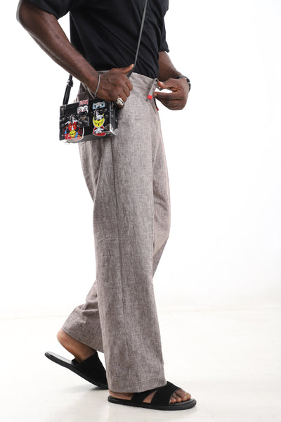 King Kaftan Drawstring Premium Melange Taupe Linen Wide-Leg Pants – Side View – African men's fashion Nigeria