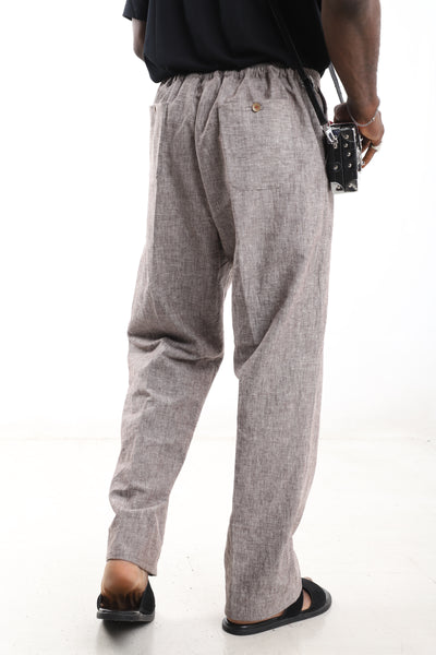 King Kaftan Drawstring Premium Melange Taupe Linen Wide-Leg Pants – Detail View – African men's fashion Nigeria