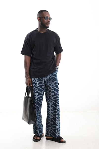King Kaftan Indigo Batik Cotton Wide-Leg Adire Cargo Pants – Detail View – African men's fashion Nigeria