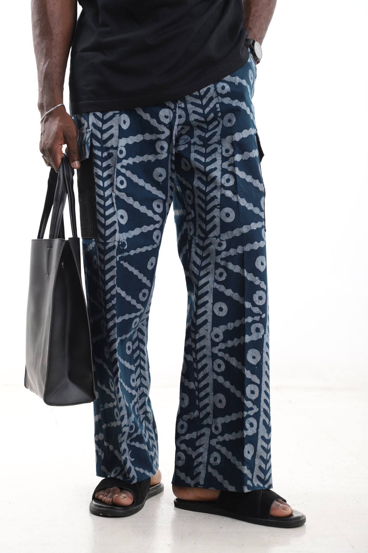 King Kaftan Indigo Batik Cotton Wide-Leg Adire Cargo Pants – Detail View – African men's fashion Nigeria