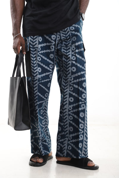 King Kaftan Indigo Batik Cotton Wide-Leg Adire Cargo Pants – Detail View – African men's fashion Nigeria
