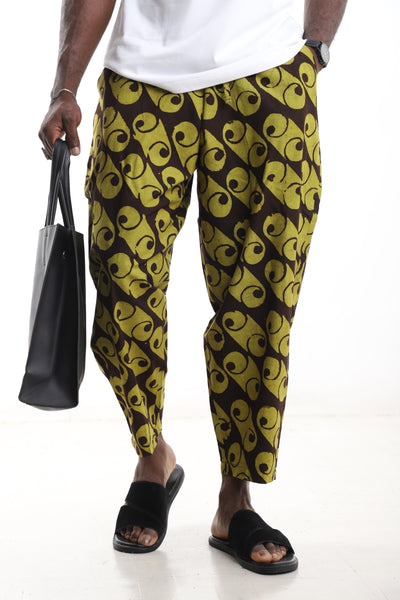 King Kaftan Spiral Batik Cotton Olive & Brown Adire Cropped Pants – Front View – African men's fashion Nigeria