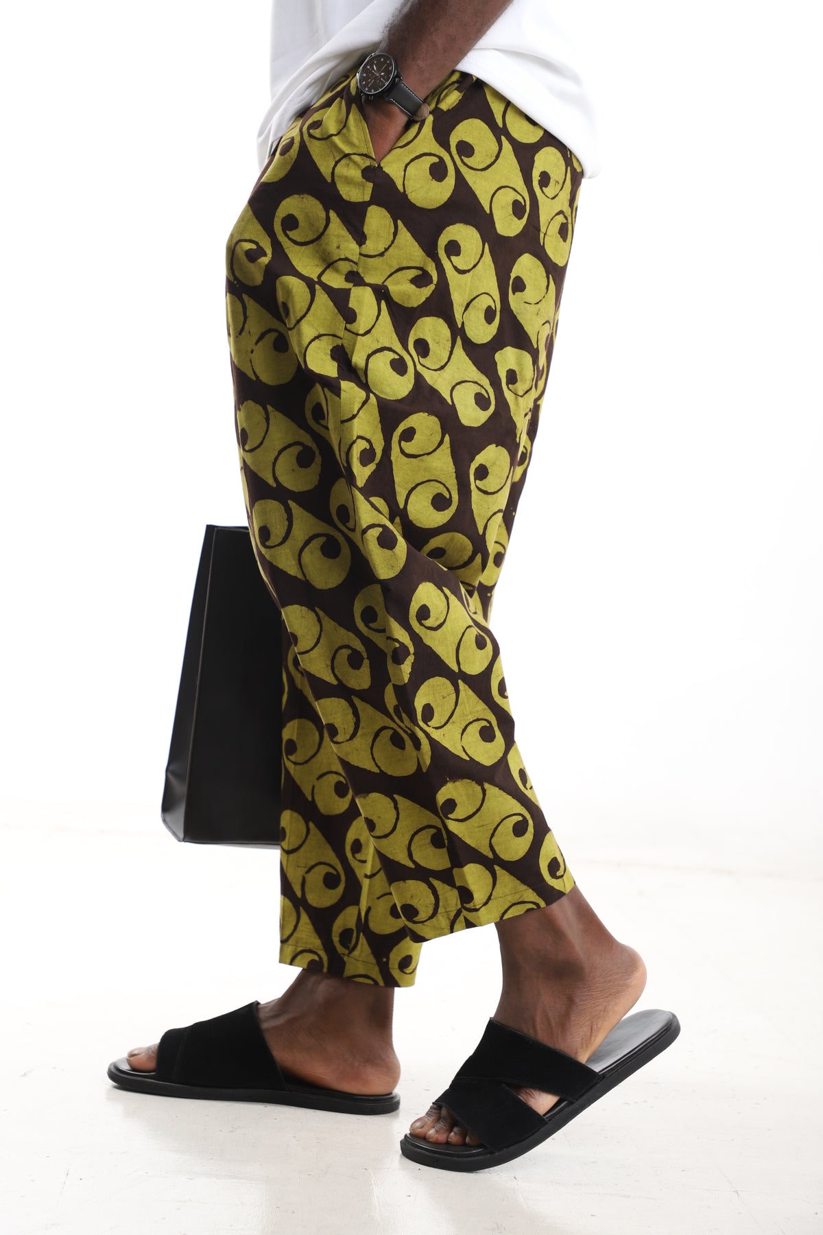King Kaftan Spiral Batik Cotton Olive & Brown Adire Cropped Pants – Side View – African men's fashion Nigeria   