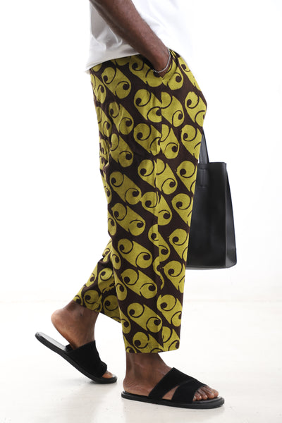 King Kaftan Spiral Batik Cotton Olive & Brown Adire Cropped Pants – Side View – African men's fashion Nigeria   