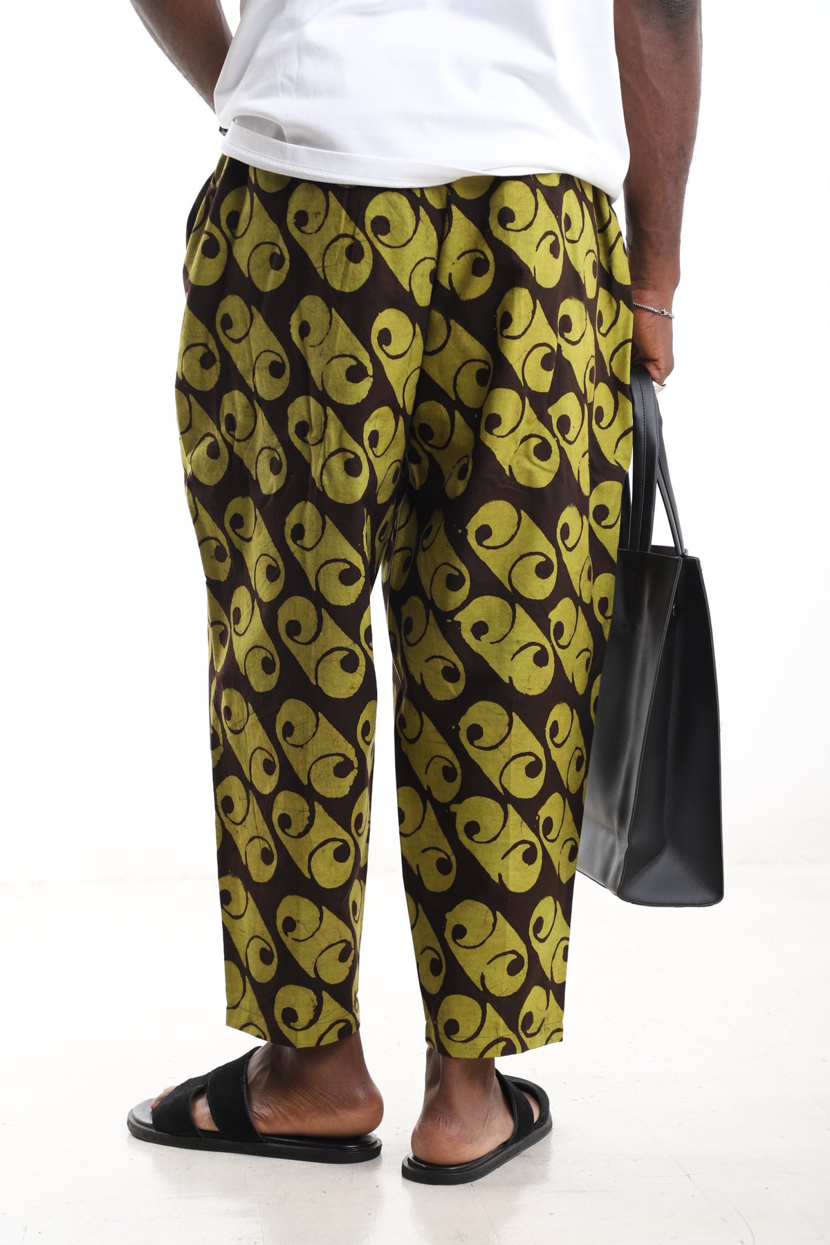 King Kaftan Spiral Batik Cotton Olive & Brown Adire Cropped Pants – Back View – African men's fashion Nigeria