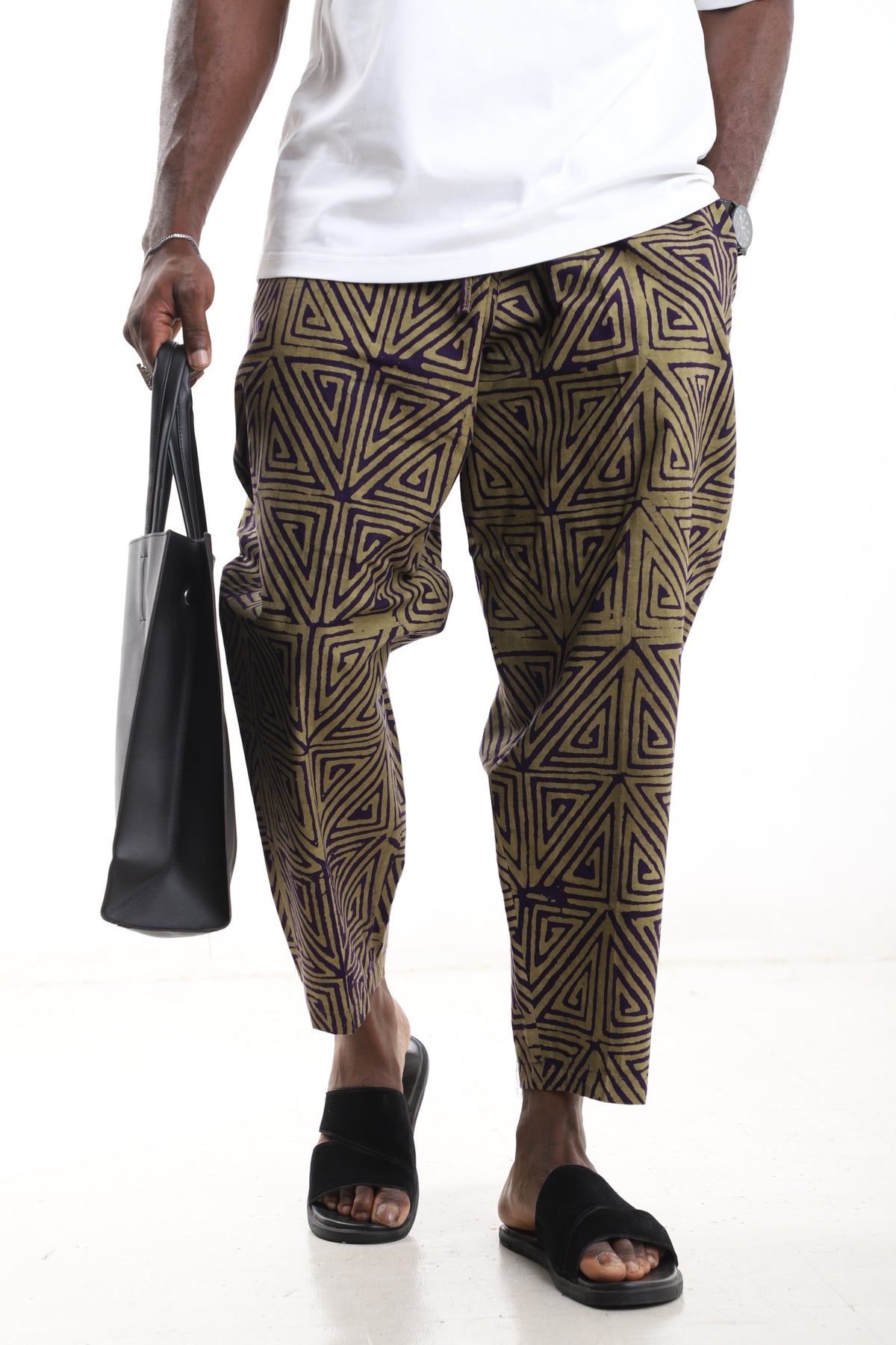 King Kaftan Geometric Triangle Batik Cotton Olive & Purple Adire Cropped Pants – Front View – African men's fashion Nigeria