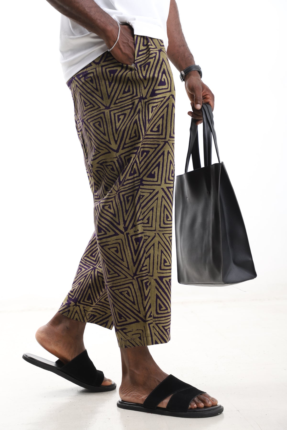 King Kaftan Geometric Triangle Batik Cotton Olive & Purple Adire Cropped Pants – Side View – African men's fashion Nigeria   