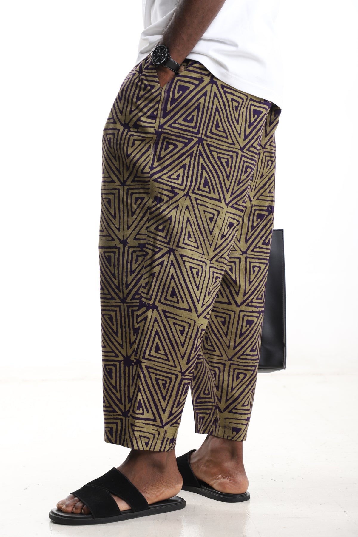 King Kaftan Geometric Triangle Batik Cotton Olive & Purple Adire Cropped Pants – Side View – African men's fashion Nigeria   