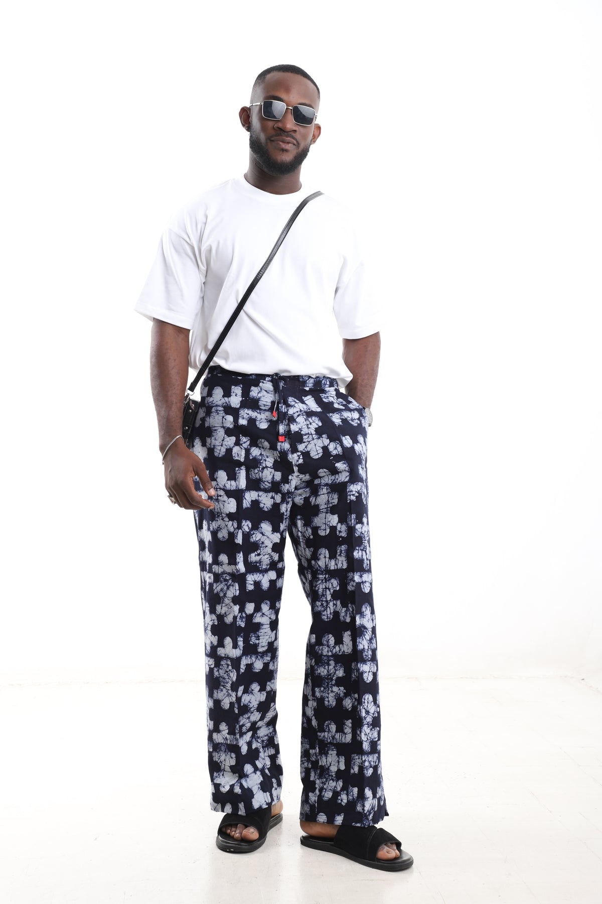 King Kaftan Mosaic Batik Cotton Navy & White Adire Wide-Leg Pants – Detail View – African men's fashion Nigeria